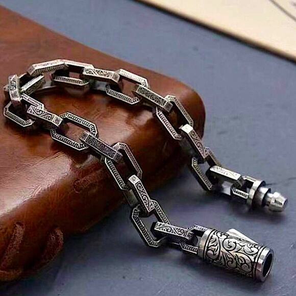 Stainless Steel Chain Link Bracelet, Mantra, Curb Hand Woven Engraved - Picture 4 of 7